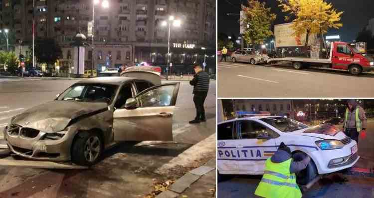 Mașină de poliție aflată în misiune, lovită în plin pe un bulevard din București, de un tânăr care abia își luase permisul de conducere