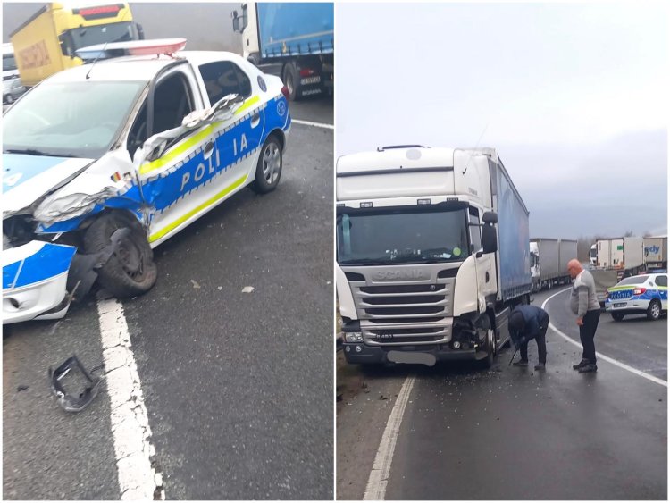 O autospecială de poliţie aflată în misiune s-a ciocnit cu un camion - Circulaţia a fost oprită pe DN6
