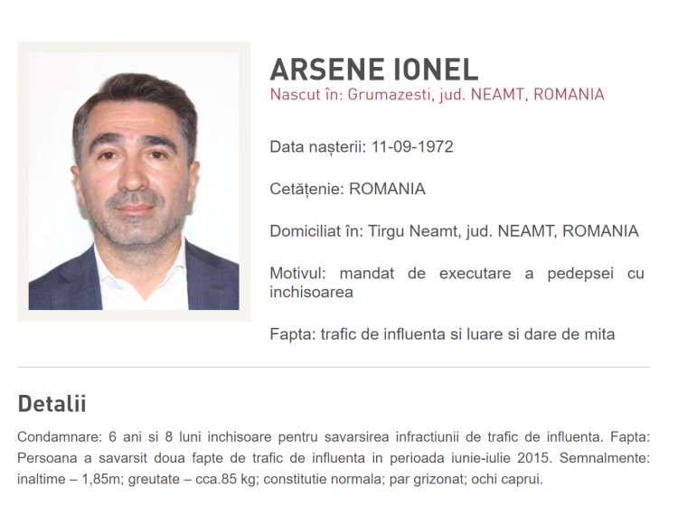 Ionel Arsene, președintele CJ Neamț a fost dat în urmărire europeană, după ce a fugit din România ca să scape de închisoare